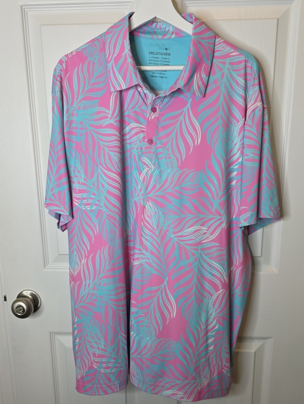 Birdie Bound Golf Polo Shirt Pink & Aqua All Over Print, Men's Size 2XL